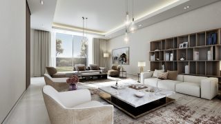 spacious modern living room with large windows and neutral tones