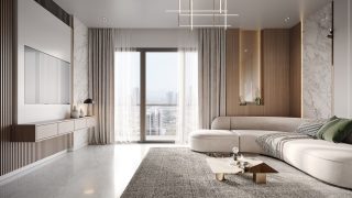 modern apartment living room with sofa coffee table and tv