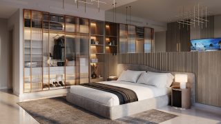 modern bedroom with wooden headboard and open wardrobe