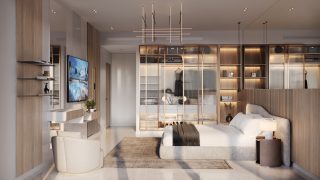 modern bedroom with wooden partition neutral tones