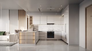 modern apartment kitchen with light gray cabinets and marble backsplash