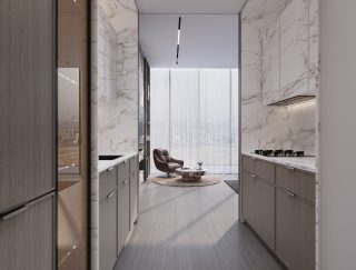modern kitchen with wood cabinets marble countertops large window