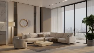modern living area with panoramic city skyline view