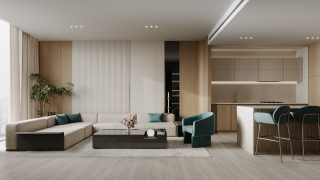 modern living room with beige sofa and city view