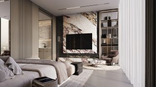 studio living area with marble accent wall and balcony view