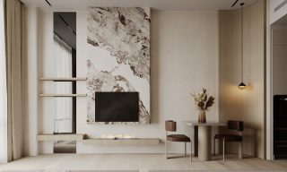 modern studio living room with fireplace and tv
