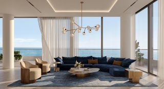 luxurious living room with panoramic seafront view