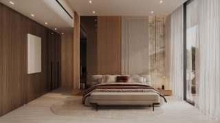 modern bedroom with large bed and sheer curtains