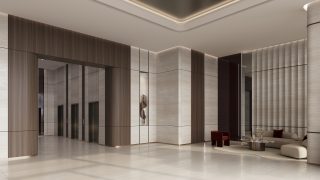 modern elegant lobby with marble floors seating