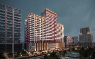 high rise ruby apartments with crimson gold facade
