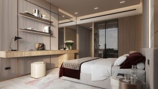 stylish modern bedroom with burgundy accents and natural light