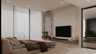 modern living room with sofa floor to ceiling windows and city views