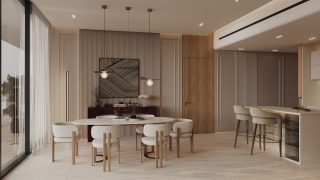 modern kitchen with bar stools and floor-to-ceiling window