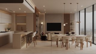 modern apartment living room with large windows