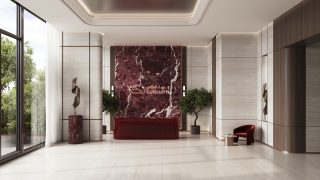 stylish lobby with red marble wall and indoor plants