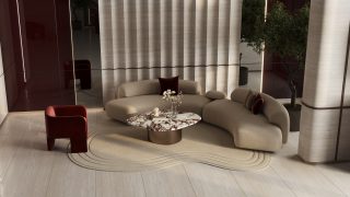 modern lounge with beige sofa red armchair marble table