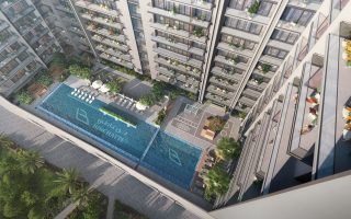 aerial view of swimming pool and outdoor amenities