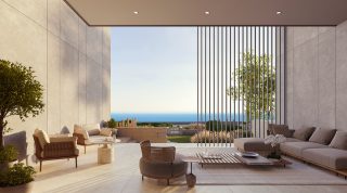 luxury outdoor terrace with sea view and seating