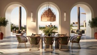 spacious dining area with waterfront view