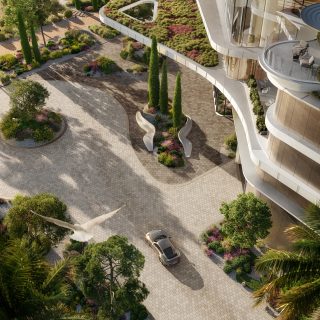 aerial view of sensia landscaped drop off driveway and garden