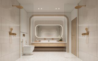 modern bathroom with double sinks and rainfall showers