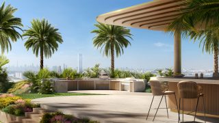 outdoor barbecue area with tropical plants and skyline