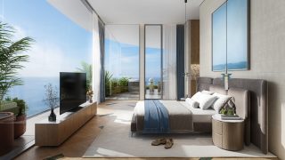 luxury penthouse bedroom overlooking ocean and bay
