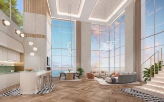 luxury living room with ocean bay views