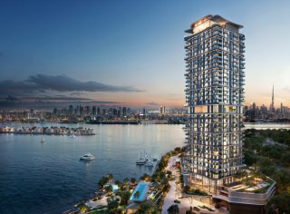 high rise residential building with pool and city skyline