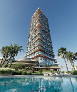 modern high rise residential building with pool and palm trees