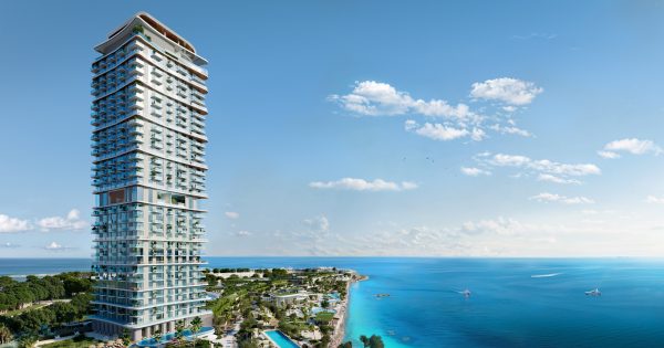 modern high rise building with pool and ocean views