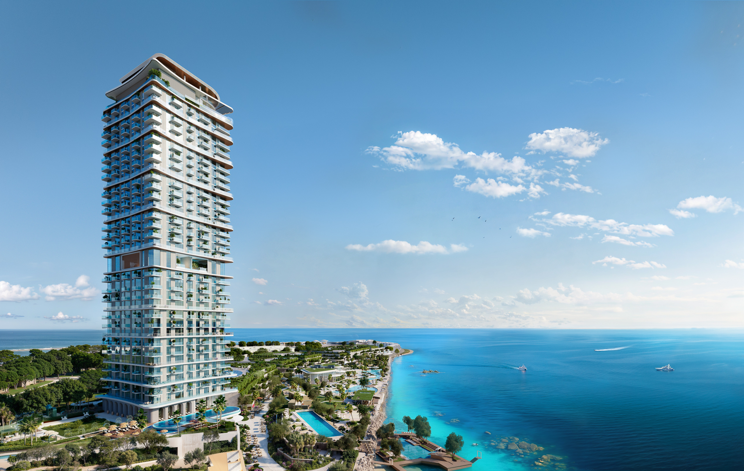 modern high rise building with pool and ocean views