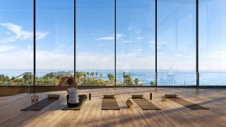 yoga studio with ocean and palm tree views