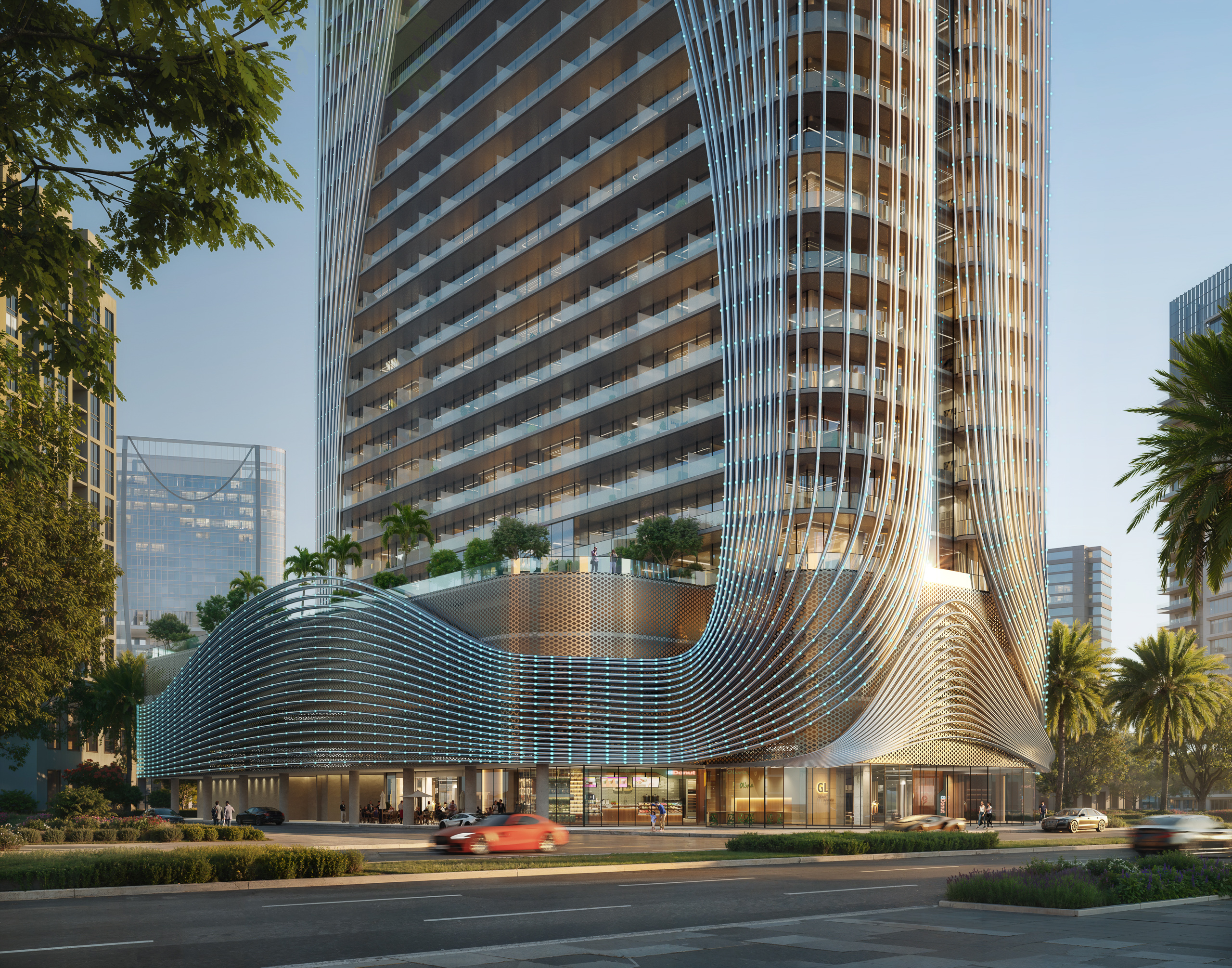 modern glass building with dubai skyline views