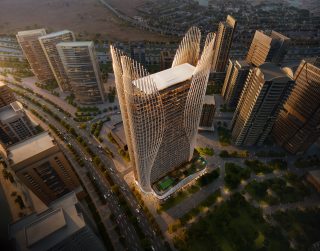 aerial view of skyhall building with dubai skyline