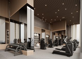 modern gym interior with treadmills and city views
