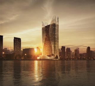 skyhall skyscraper with sunset sky business bay dubai