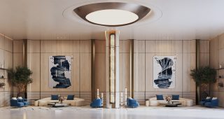spacious elegant lobby with seating and plants