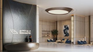 modern reception lobby with curved desk seating