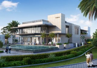 modern clubhouse with pool and natural landscaping