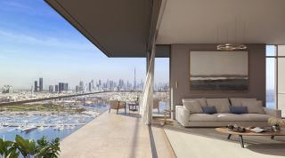 balcony overlooking dubai skyline and waterfront harbor