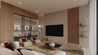 modern living room with beige furniture wooden wall accents