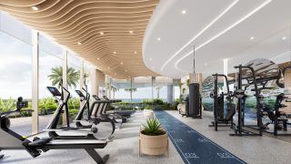 modern gym with large windows and greenery views