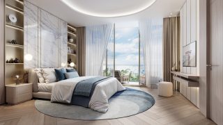 modern bedroom interior with bed balcony view