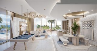 modern clubhouse interior with pool table and seating