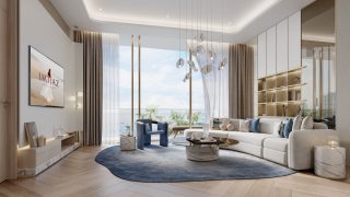 modern living room with ocean views and plush sofa
