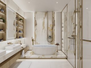 modern luxury bathroom with freestanding tub and gold accents