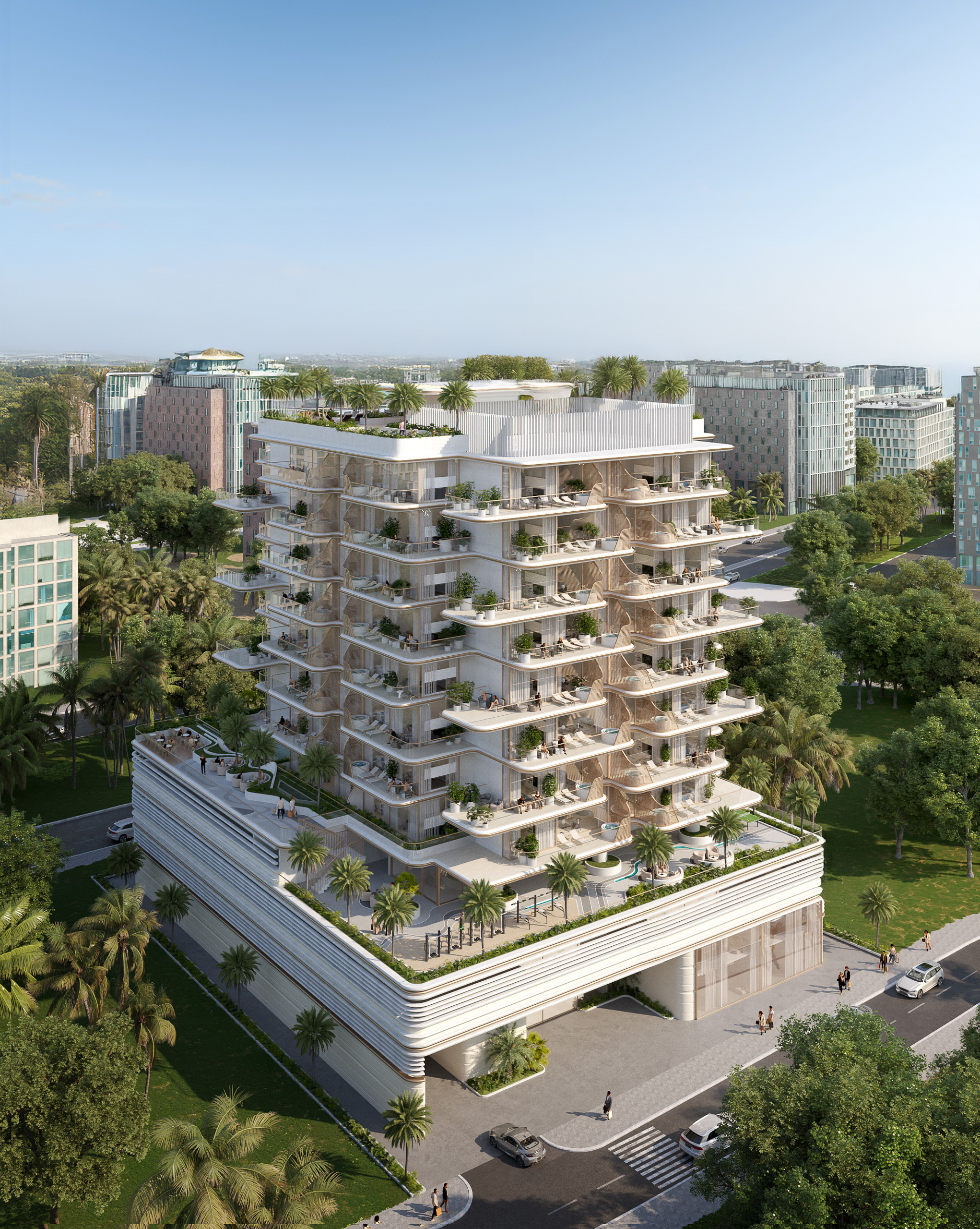 modern building with rounded balconies and greenery