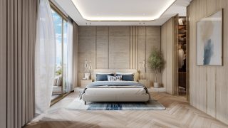 luxury bedroom with balcony view and walk in closet