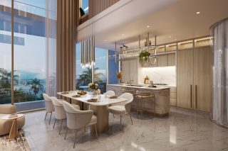 modern penthouse kitchen dining with large windows